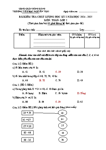 Đề kiểm tra học kỳ I môn Toán Lớp 2 - Năm học 2024-2025 - Trường Tiểu học Nguyễn Trãi (Có đáp án)