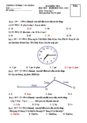 Đề kiểm tra học kỳ I môn Toán Lớp 2 - Năm học 2024-2025 - Trường Tiểu học Tân Dương (Có đáp án + Ma trận)