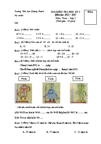 Đề kiểm tra học kỳ I môn Toán Lớp 2 - Năm học 2024-2025 - Trường Tiểu học Quảng Thanh (Có đáp án + Ma trận)