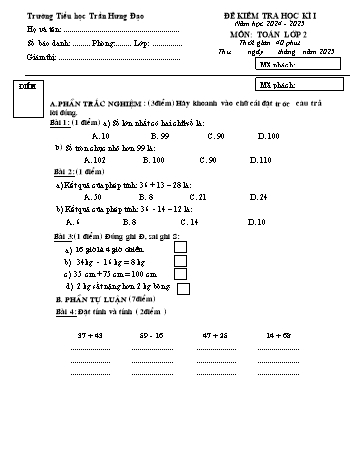 Đề kiểm tra học kỳ I môn Toán Lớp 2 - Năm học 2024-2025 - Trường Tiểu học Trần Hưng Đạo (Có đáp án + Ma trận)
