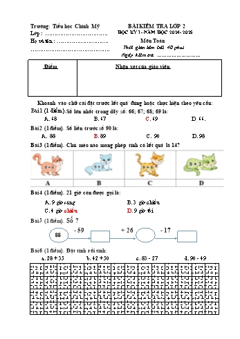 Đề kiểm tra học kỳ I môn Toán Lớp 2 - Năm học 2024-2025 - Trường Tiểu học Chính Mỹ (Có đáp án + Ma trận)