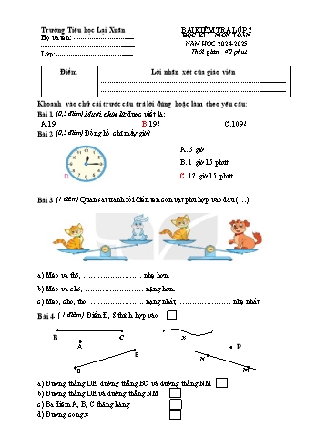 Đề kiểm tra học kỳ I môn Toán Lớp 2 - Năm học 2024-2025 - Trường Tiểu học Lại Xuân (Có đáp án + Ma trận)