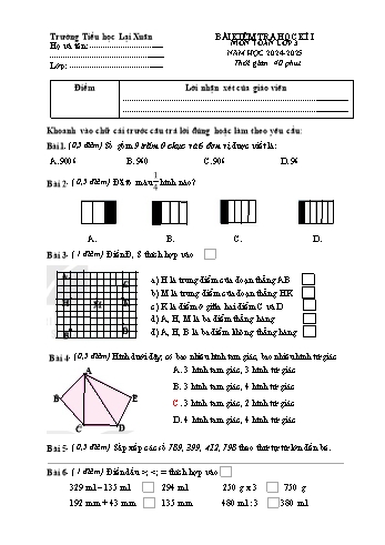 Đề kiểm tra học kỳ I môn Toán Lớp 3 - Năm học 2024-2025 - Trường Tiểu học Lại Xuân (Có đáp án + Ma trận)