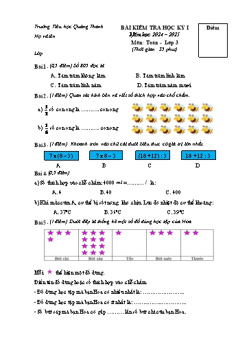 Đề kiểm tra học kỳ I môn Toán Lớp 3 - Năm học 2024-2025 - Trường Tiểu học Quảng Thanh (Có đáp án + Ma trận)