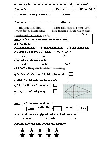 Đề kiểm tra học kỳ I môn Toán Lớp 3 - Năm học 2024-2025 - Trường Tiểu học Nguyễn Thị Minh Khai (Có đáp án + Ma trận)