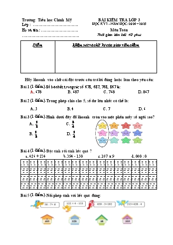 Đề kiểm tra học kỳ I môn Toán Lớp 3 - Năm học 2024-2025 - Trường Tiểu học Chính Mỹ (Có đáp án + Ma trận)