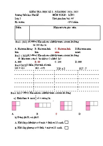 Đề kiểm tra học kỳ I môn Toán Lớp 3 - Năm học 2024-2025 - Trường Tiểu học Phả Lễ (Có đáp án)