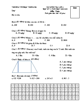 Đề kiểm tra học kỳ I môn Toán Lớp 3 - Năm học 2024-2025 - Trường Tiểu học Trung Hà (Có đáp án + Ma trận)