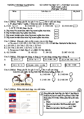 Đề kiểm tra học kỳ I môn Toán Lớp 4 - Năm học 2024-2025 - Trường Tiểu học Bạch Đằng