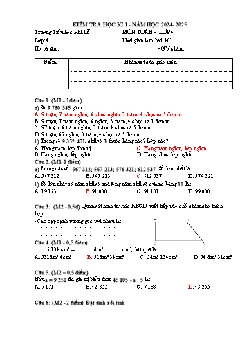 Đề kiểm tra học kỳ I môn Toán Lớp 4 - Năm học 2024-2025 - Trường Tiểu học Phả Lễ (Có đáp án)