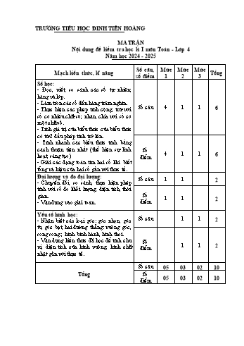 Đề kiểm tra học kỳ I môn Toán Lớp 4 - Năm học 2024-2025 - Trường Tiểu học Đinh Tiên Hoàng (Có đáp án + Ma trận)
