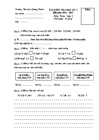 Đề kiểm tra học kỳ I môn Toán Lớp 4 - Năm học 2024-2025 - Trường Tiểu học Quảng Thanh (Có đáp án + Ma trận)