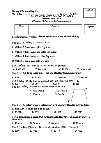 Đề kiểm tra học kỳ I môn Toán Lớp 4 - Năm học 2024-2025 - Trường Tiểu học Bàng La (Có đáp án + Ma trận)