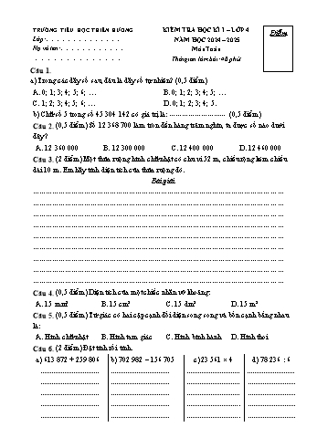 Đề kiểm tra học kỳ I môn Toán Lớp 4 - Năm học 2024-2025 - Trường Tiểu học Thiên Hương (Có đáp án)