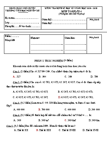 Đề kiểm tra học kỳ I môn Toán Lớp 4 - Năm học 2024-2025 - Trường Tiểu học Nguyễn Du (Có đáp án + Ma trận)