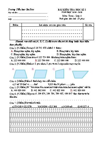 Đề kiểm tra học kỳ I môn Toán Lớp 4 - Năm học 2024-2025 - Trường Tiểu học Gia Đức