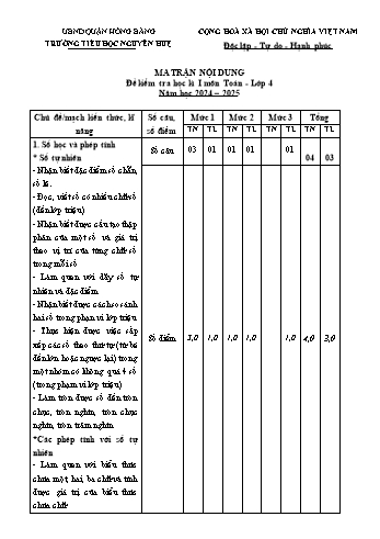 Đề kiểm tra học kỳ I môn Toán Lớp 4 - Năm học 2024-2025 - Trường Tiểu học Nguyễn Huệ (Có đáp án + Ma trận)