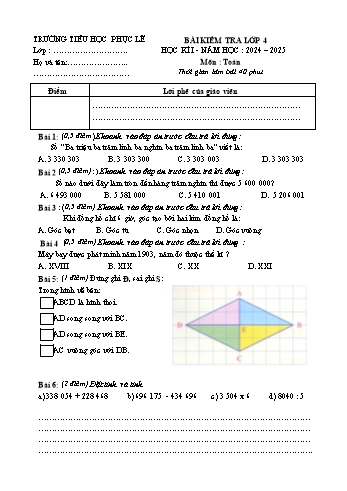 Đề kiểm tra học kỳ I môn Toán Lớp 4 - Năm học 2024-2025 - Trường Tiểu học Phục Lễ (Có đáp án + Ma trận)
