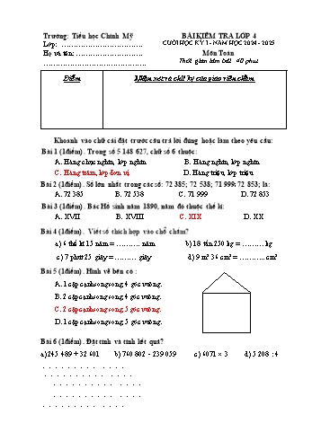Đề kiểm tra học kỳ I môn Toán Lớp 4 - Năm học 2024-2025 - Trường Tiểu học Chính Mỹ (Có đáp án + Ma trận)