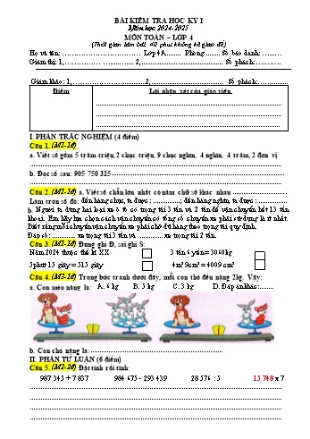 Đề kiểm tra học kỳ I môn Toán Lớp 4 - Năm học 2024-2025 - Trường Tiểu học Đồng Hòa
