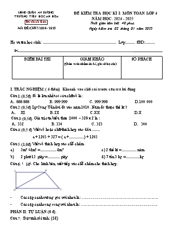 Đề kiểm tra học kỳ I môn Toán Lớp 4 - Năm học 2024-2025 - Trường Tiểu học An Hòa (Có đáp án + Ma trận)