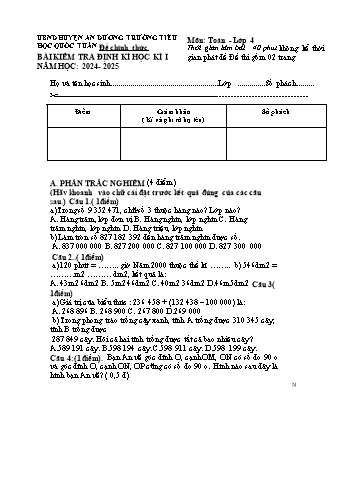 Đề kiểm tra học kỳ I môn Toán Lớp 4 - Năm học 2024-2025 - Trường Tiểu học Quốc Tuấn