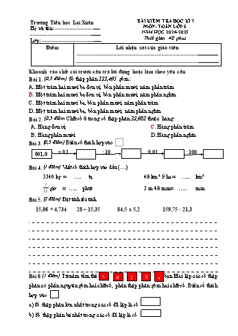 Đề kiểm tra học kỳ I môn Toán Lớp 5 - Năm học 2024-2025 - Trường Tiểu học Lại Xuân (Có đáp án + Ma trận)