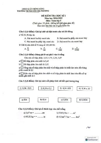 Đề kiểm tra học kỳ I môn Toán Lớp 5 - Năm học 2024-2025 - Trường Tiểu học Nguyễn Tri Phương
