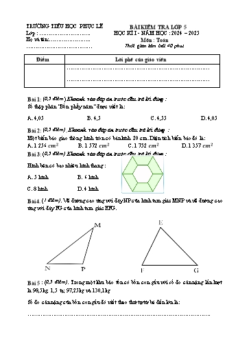 Đề kiểm tra học kỳ I môn Toán Lớp 5 - Năm học 2024-2025 - Trường Tiểu học Phục Lễ (Có đáp án + Ma trận)