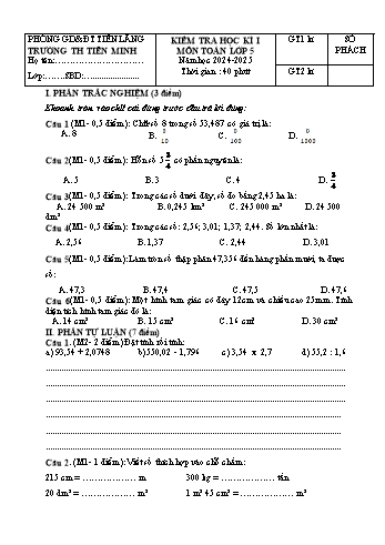 Đề kiểm tra học kỳ I môn Toán Lớp 5 - Năm học 2024-2025 - Trường Tiểu học Tiên Minh (Có đáp án)