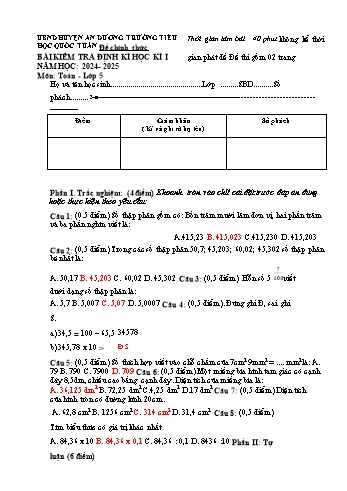 Đề kiểm tra học kỳ I môn Toán Lớp 5 - Năm học 2024-2025 - Trường Tiểu học Quốc Tuấn