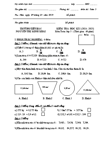 Đề kiểm tra học kỳ I môn Toán Lớp 5 - Năm học 2024-2025 - Trường Tiểu học Nguyễn Thị Minh Khai (Có đáp án + Ma trận)