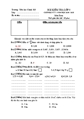 Đề kiểm tra học kỳ I môn Toán Lớp 5 - Năm học 2024-2025 - Trường Tiểu học Chính Mỹ (Có đáp án + Ma trận)