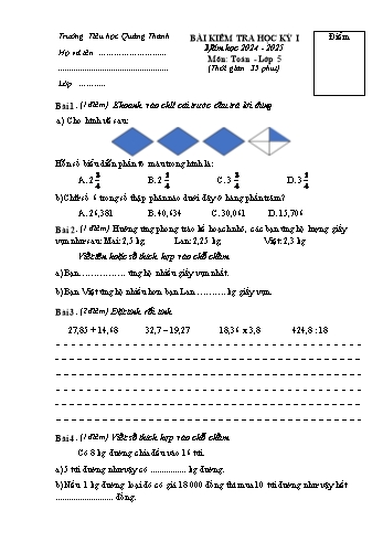 Đề kiểm tra học kỳ I môn Toán Lớp 5 - Năm học 2024-2025 - Trường Tiểu học Quảng Thanh (Có đáp án + Ma trận)