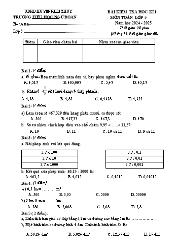 Đề kiểm tra học kỳ I môn Toán + Tiếng Việt Lớp 5 - Năm học 2024-2025 - Trường Tiểu học Ngũ Đoan (Có đáp án)