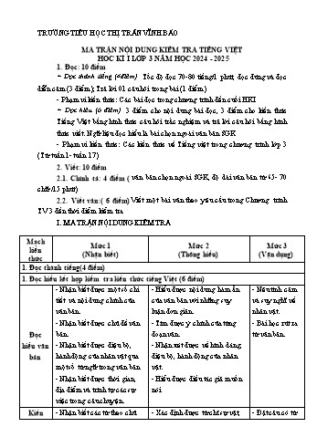 Đề kiểm tra học kỳ I Tiếng Việt Lớp 3 - Năm học 2024-2025 - Trường Tiểu học Thị trấn Vĩnh Bảo (Có đáp án + Ma trận)