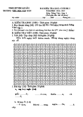 Đề kiểm tra khảo sát chất lượng cuối học kì I môn Tiếng Việt Lớp 1 - Năm học 2024-2025 - Trường Tiểu học Tân Dân (Có đáp án)