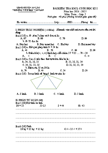 Đề kiểm tra khảo sát chất lượng cuối học kì I môn Toán Lớp 2 - Năm học 2024-2025 - Trường Tiểu học Tân Dân (Có đáp án)
