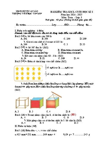 Đề kiểm tra khảo sát chất lượng cuối học kì I môn Toán Lớp 3 - Năm học 2024-2025 - Trường Tiểu học Tân Dân (Có đáp án)