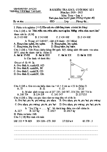 Đề kiểm tra khảo sát chất lượng cuối học kì I môn Toán Lớp 4 - Năm học 2024-2025 - Trường Tiểu học Tân Dân (Có đáp án)