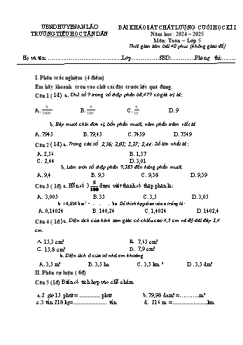 Đề kiểm tra khảo sát chất lượng cuối học kì I môn Toán Lớp 5 - Năm học 2024-2025 - Trường Tiểu học Tân Dân (Có đáp án)