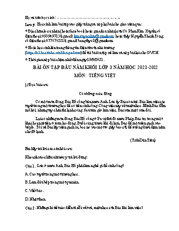 Đề ôn tập đầu năm Tiếng Việt Khối 3 - Năm học 2021-2022 - Trường Tiểu học Hòa Tịnh A (Có đáp án)