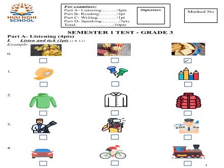 Đề thi cuối học kì 1 môn Tiếng Anh Lớp 3 - Năm học 2024-2025 - Trường Tiểu học Hữu Nghị (Có đáp án)