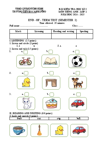 Đề thi cuối học kỳ I môn Tiếng Anh Lớp 1 - Năm học 2024-2025 - Trường Tiểu học Anh Dũng