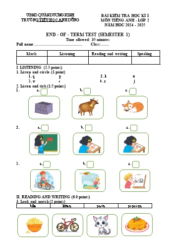 Đề thi cuối học kỳ I môn Tiếng Anh Lớp 2 - Năm học 2024-2025 - Trường Tiểu học Anh Dũng