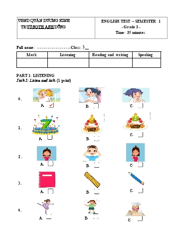 Đề thi cuối học kỳ I môn Tiếng Anh Lớp 3 - Năm học 2024-2025 - Trường Tiểu học Anh Dũng