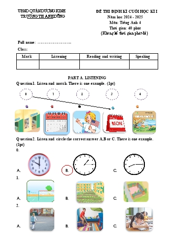 Đề thi cuối học kỳ I môn Tiếng Anh Lớp 4 - Năm học 2024-2025 - Trường Tiểu học Anh Dũng (Có đáp án)