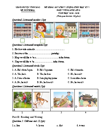 Đề thi khảo sát chất lượng cuối học kỳ I Tiếng Anh Lớp 5 (Global Success) - Năm học 2024-2025 - UBND huyện Vĩnh Bảo (Có đáp án + File nghe)