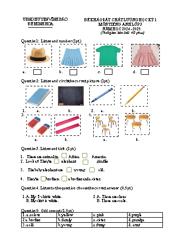 Đề thi khảo sát chất lượng học kỳ I Tiếng Anh Lớp 3 - Năm học 2024-2025 - UBND huyện Vĩnh Bảo (Có đáp án + File nghe)