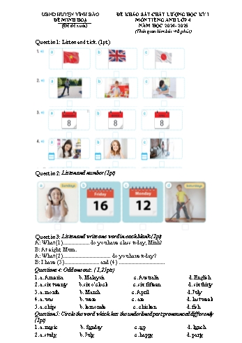 Đề thi khảo sát chất lượng học kỳ I Tiếng Anh Lớp 4 (Global Success) - Năm học 2024-2025 - UBND huyện Vĩnh Bảo (Có đáp án + File nghe)